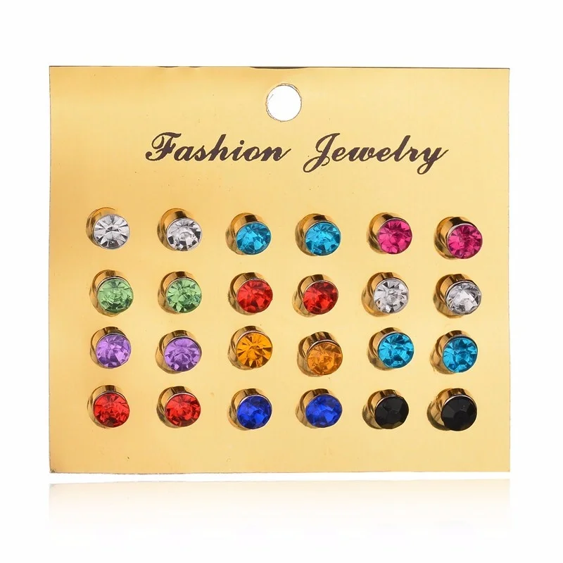 12 Pairs Women Fashion Colorful Flash Drill Crystal Stud Earring Cute Round Earrings For Women