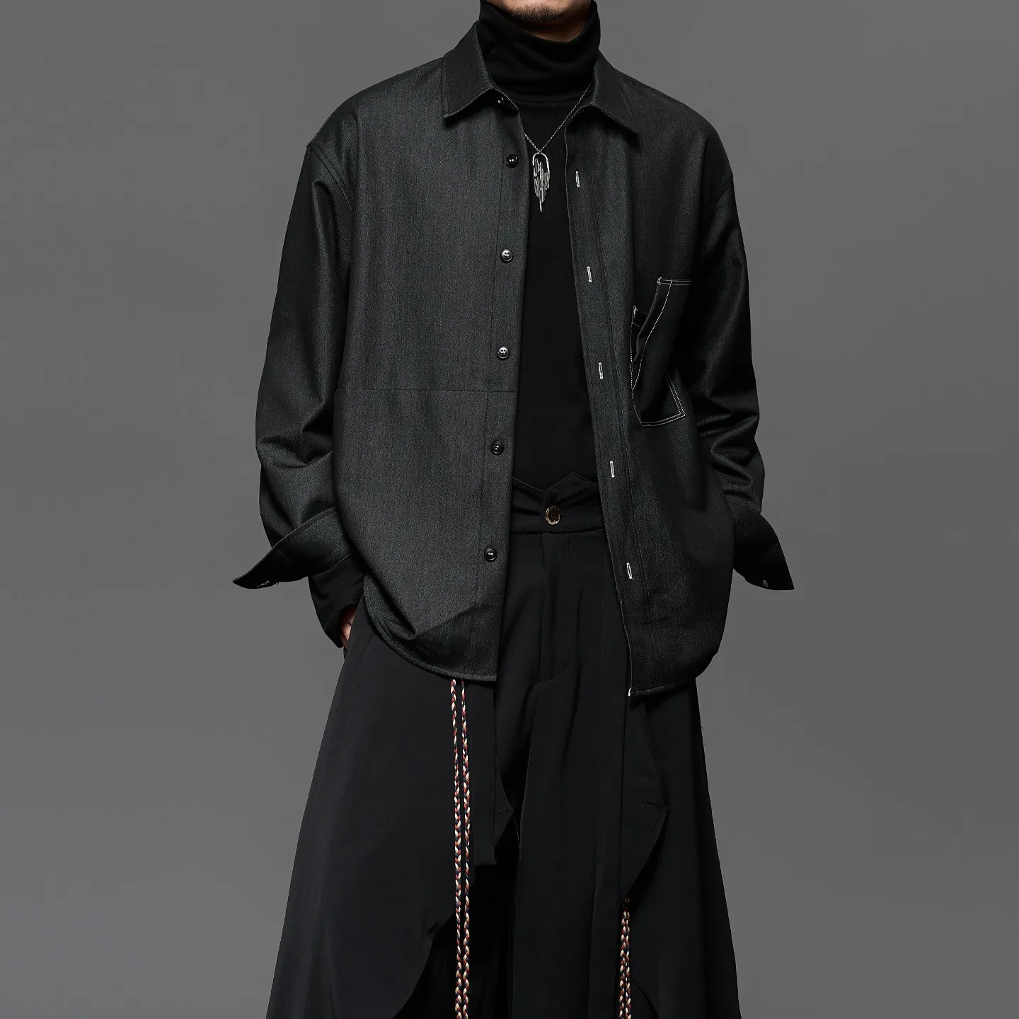 Good Quality All-Match Japanese-Style Retro Square Collar Denim Shirt for Boys Commuting Fashion Long Sleeve Shirt Coat