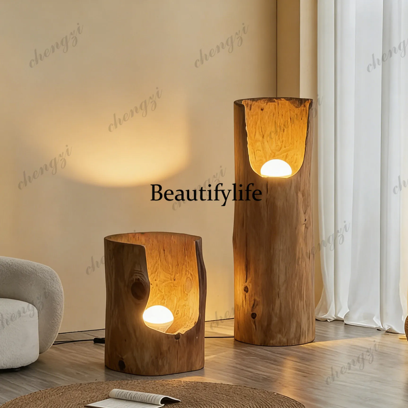 Solid wood floor lamp creative stump light stand ornament decoration, hotel log retro vertical light stand