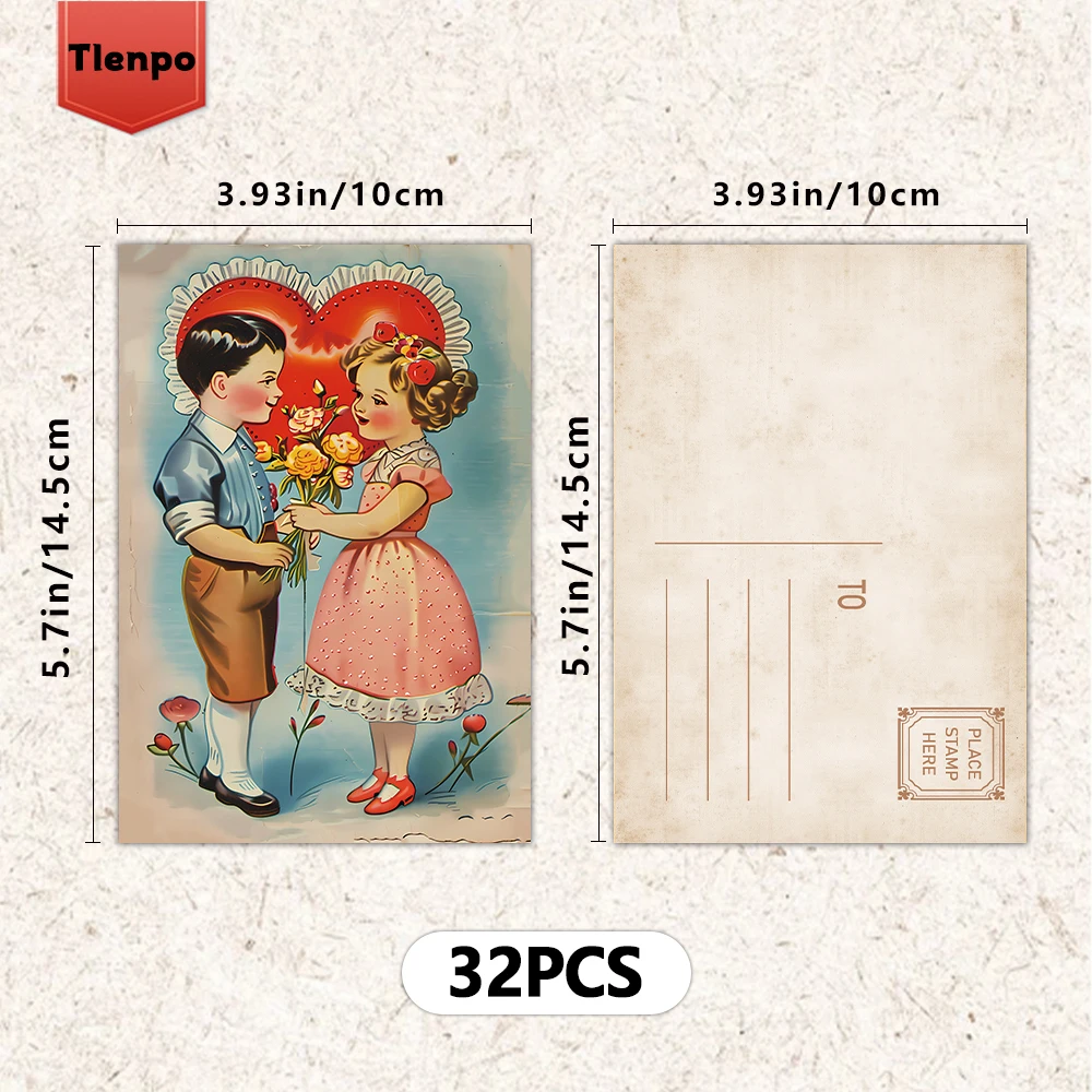 32pcs Vintage Valentine's Day Postcards, Indoor Bedroom Decoration, Wall Stickers, Message Cards, Greeting Cards, Souvenirs