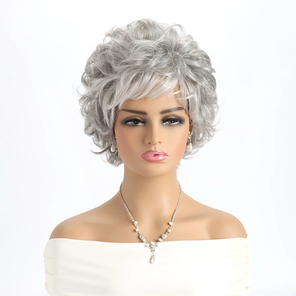 10 Inch Short Curly Synthetic Silver Gray Wigs For Women Fluffy Heat Resistant Curly Hair Wigs Suitable For Daily Use