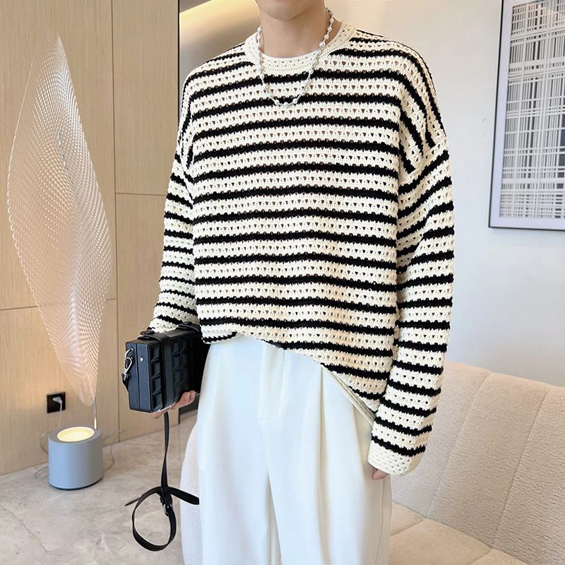 Autumn Winter Hollow Out Striped Long Sleeve Men O Neck Knitted Sweater Vintage Fashion Casual High Street Oversized Tops White