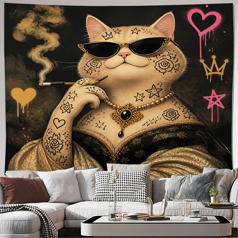 Boho Cat Tapestry Wall Hanging Art Boho Bohemian Animal Print Glamorous Aesthetic Decor Large Decorative Tapestry for Living Roo