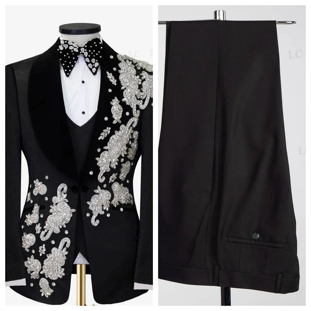 

Бархатные мужские костюмы с лацканами из трех предметов, блейзер, жилет, брюки, бусины, аппликации на одной пуговице, индивидуальный заказ, большие размеры, формальный выпускной вечер, свадьба, жених