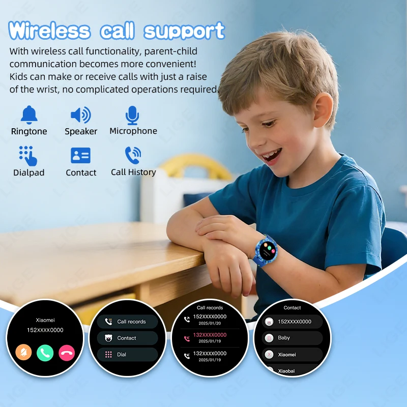 LIGE New Kids Smartwatch Study Card Game Pedometer Sports BT Call IP67 Waterproof Child Smart Watch Health Monitor Children Gift