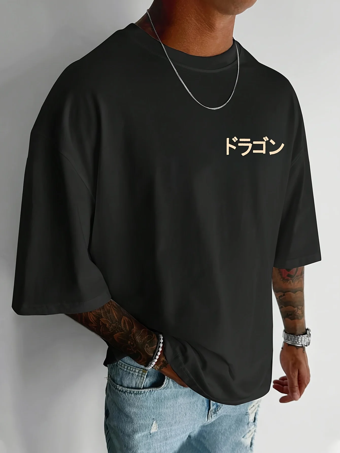 Men'S 100% Polyester Short-Sleeve T-Shirt, Loose Fit, Japanese Anime Dragon Print, Casual Crew Neck Top, Spring/Summer