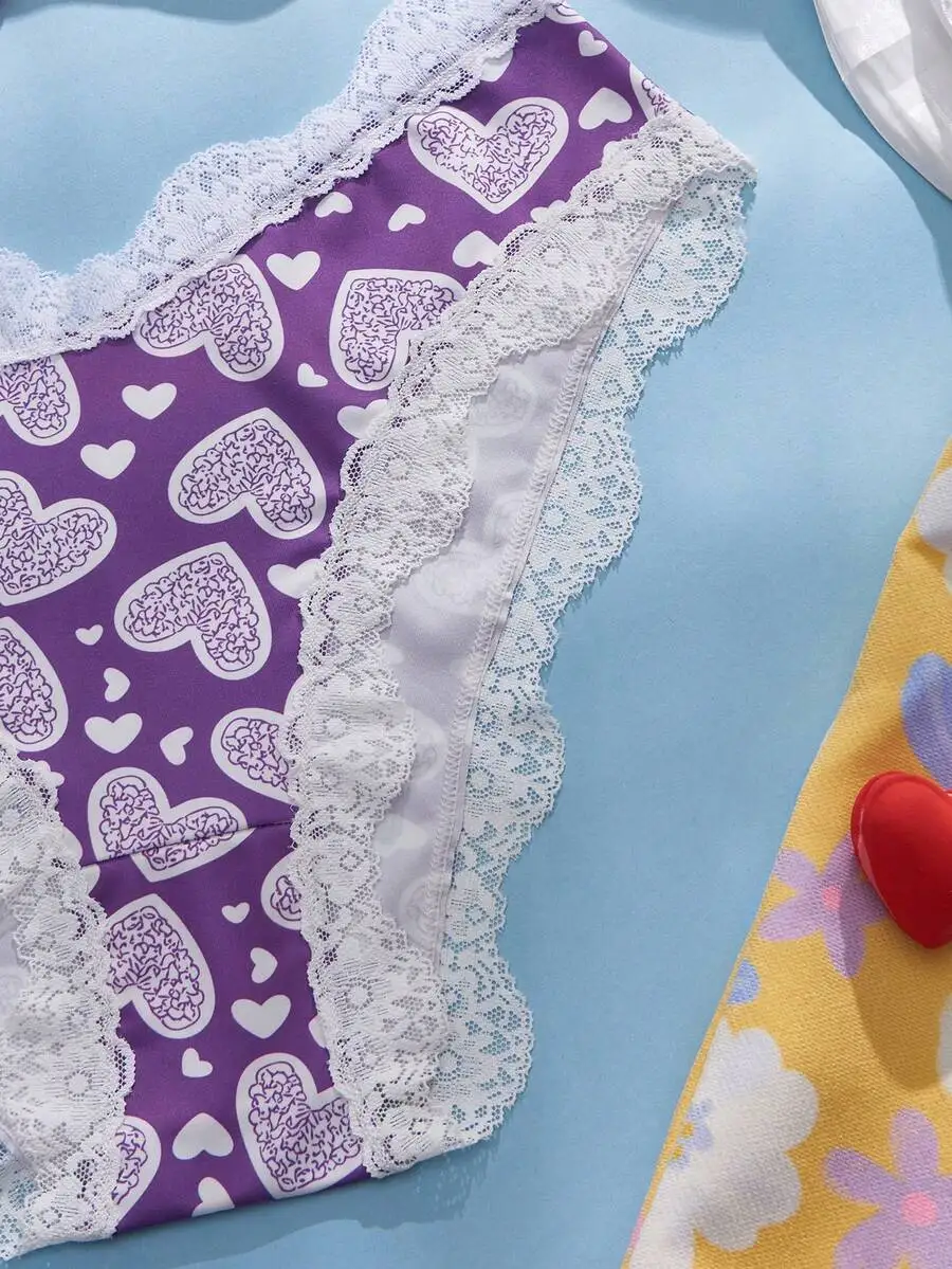 

Womens Heart Print Lace Trim Bikini Briefs 5pcs Pack