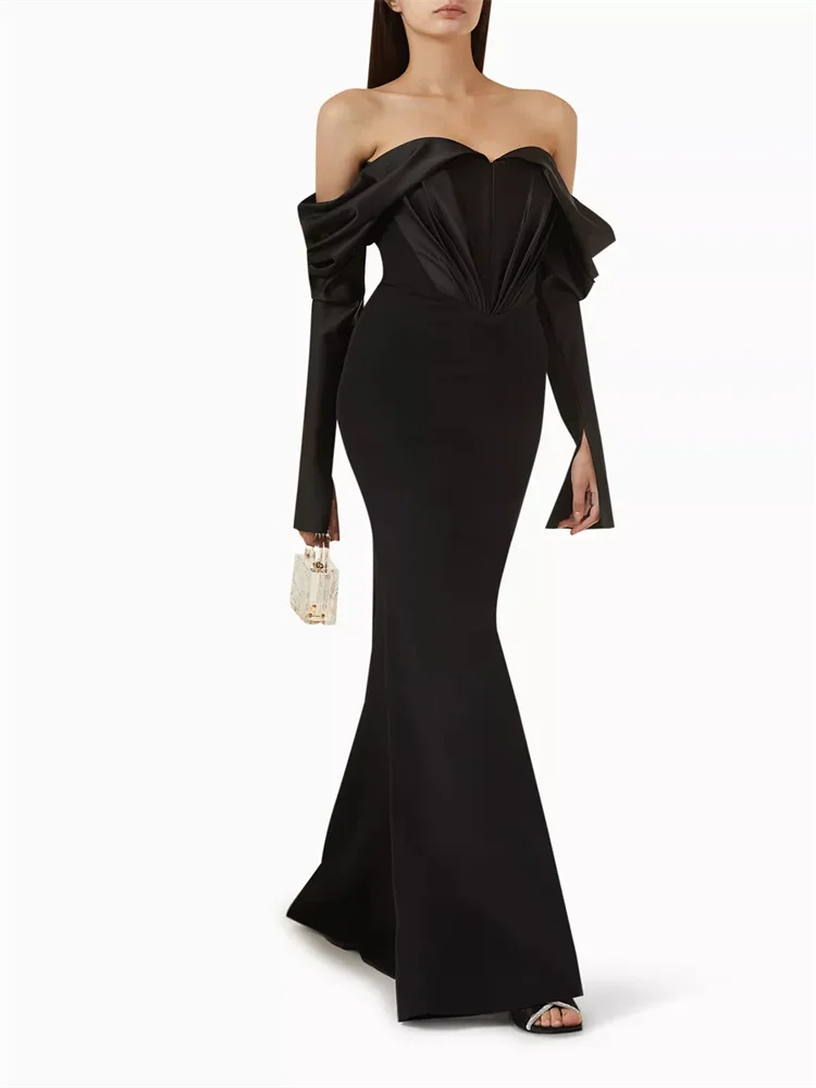 Hot Selling Off-Shoulder Neck Draped Sleeves Satin Sleeves Evening Dress Elegant Back Zipper Floor Length Gown For Women 2024