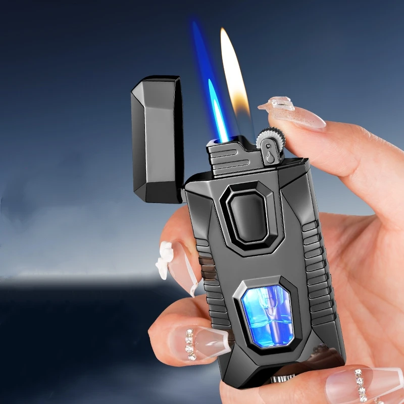 New Metal Windproof Double Jet Flame Butane Gas Lighter Transparent Oil Window LED Blue Light Originality Personalized Lighter