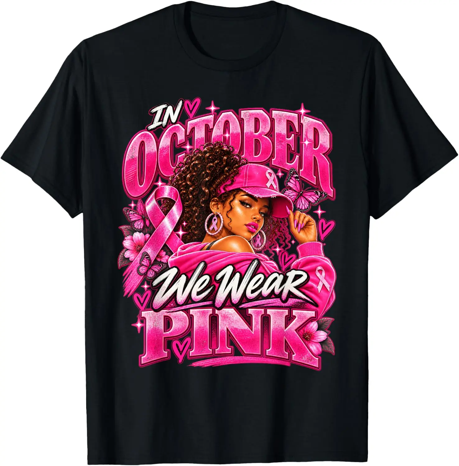 Breast Cancer Awareness Women African American Pink Ribbon T-Shirt Breathable, heavyweight pure cotton short-sleeve top—stylish, plus-size, and suitable for year-round wear with a sporty, casual vibe