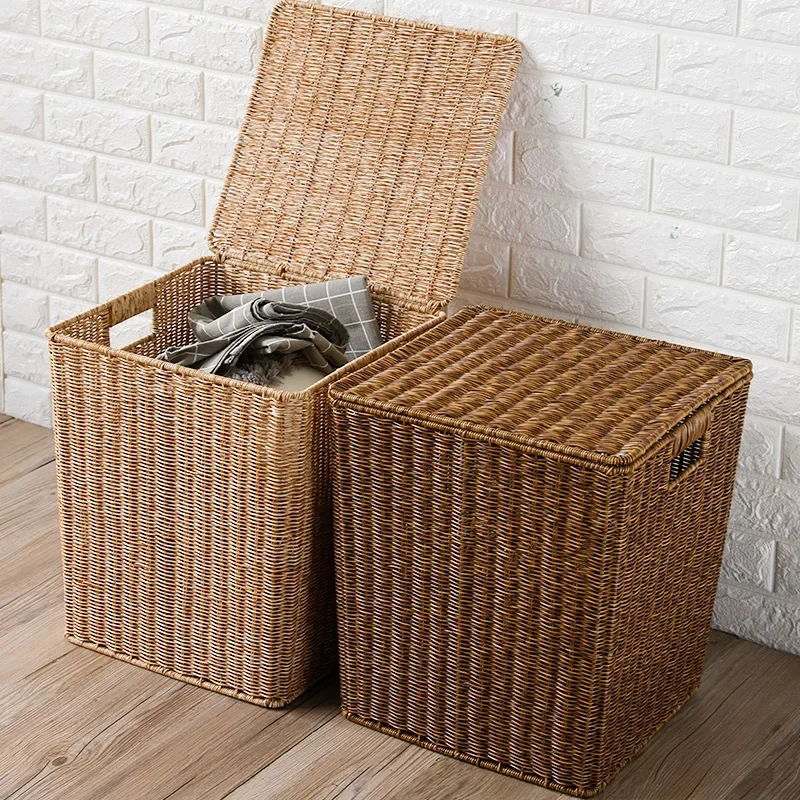 Bathroom Imitation Rattan Large Dirty Laundry Basket With Lid Living Room Large Capacity Storage Basket Organizers Home Supplies