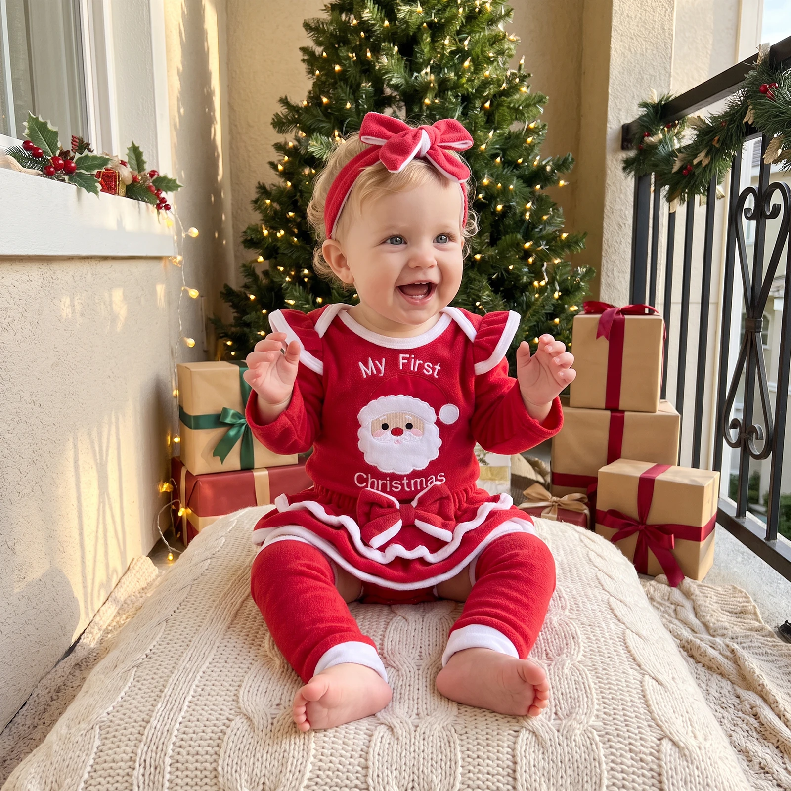 Tregren 0-18Months Infant Newborn Baby Girl Christmas Outfit Long Sleeve Romper + Ruffle Shorts + Leg Warmers + Headband