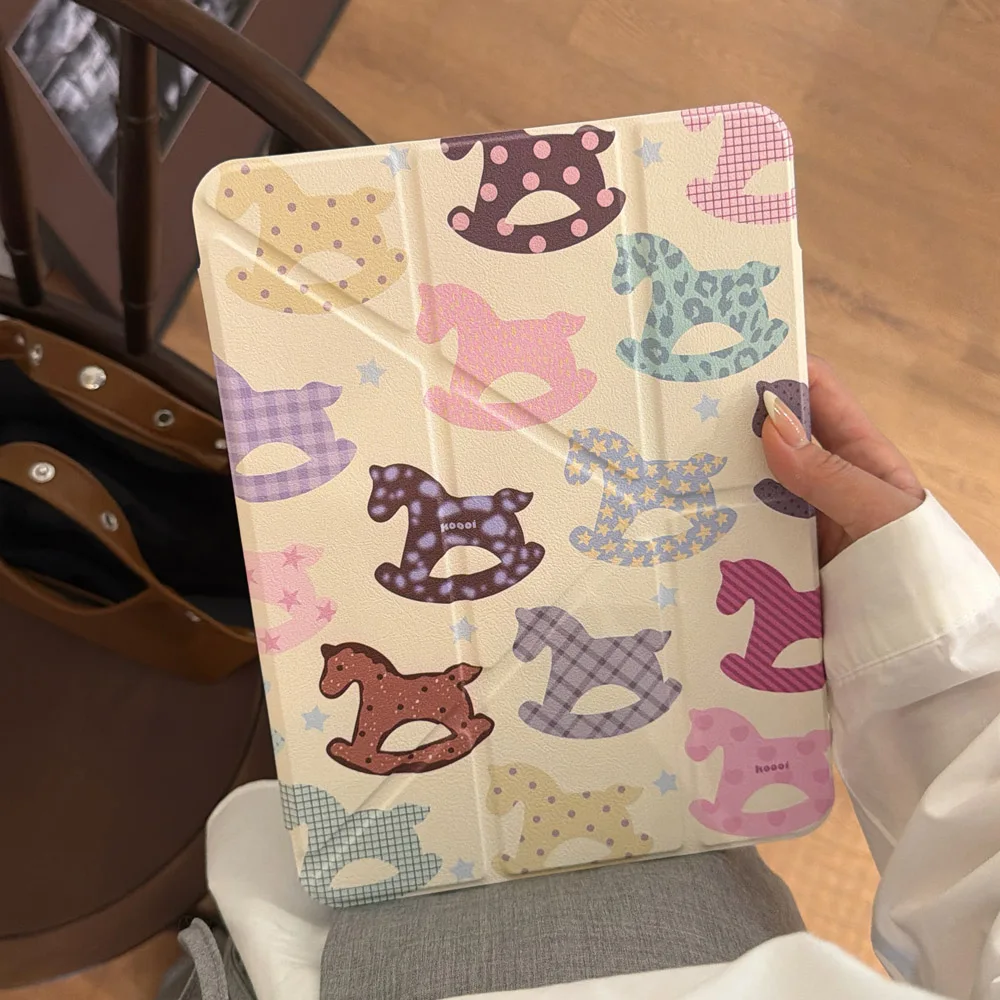 Rocking Horse Leopard Print Grid For iPad Air 13 Case iPad 7 8 9 10 11 A16 Cover iPad Pro 4 5 10.9 12.9 inch M3 M4 Pencil Holder