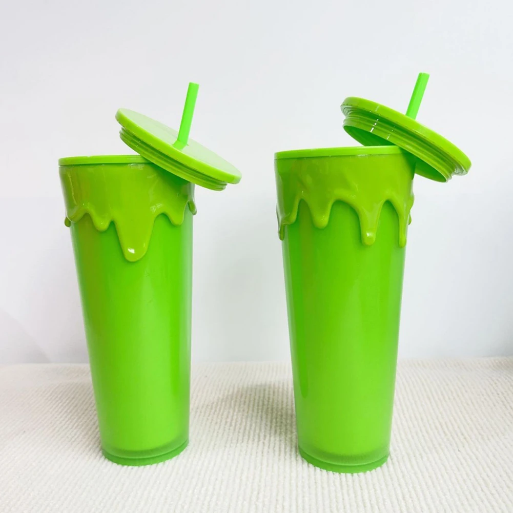 24oz/710ml Lava Halloween Theme Plastic Cup Double Layer Slime Green Glow In The Dark Tumbler Cup Coffee Cup with Straw&Lid