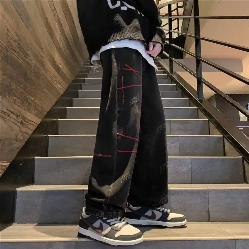 

American Jeans Men Summer Fashion Mid Waist Pants Vintage Embroidery Loose Straight Leg Wide Leg Male Pants