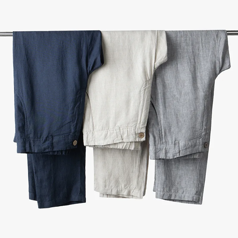 New Fashion Loose Baggy Linen Trousers Men Casual Summer Straight Pants Streetwear Elastic Waist Pants Clothing