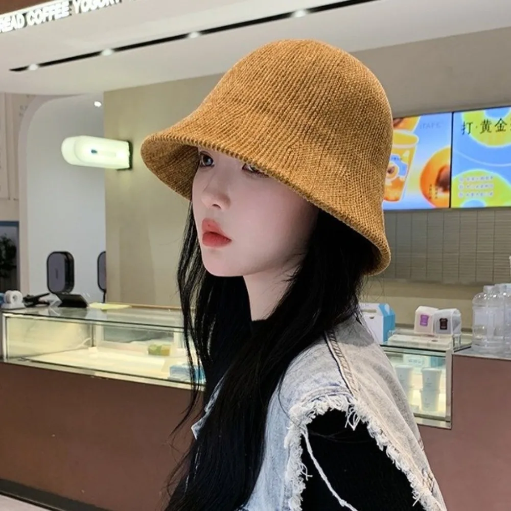

Sweet Chenille Knitted Fisherman Hat British Style Solid Color Women Panama Cap Ear Warmer Korean Style Bucket Hat Travel