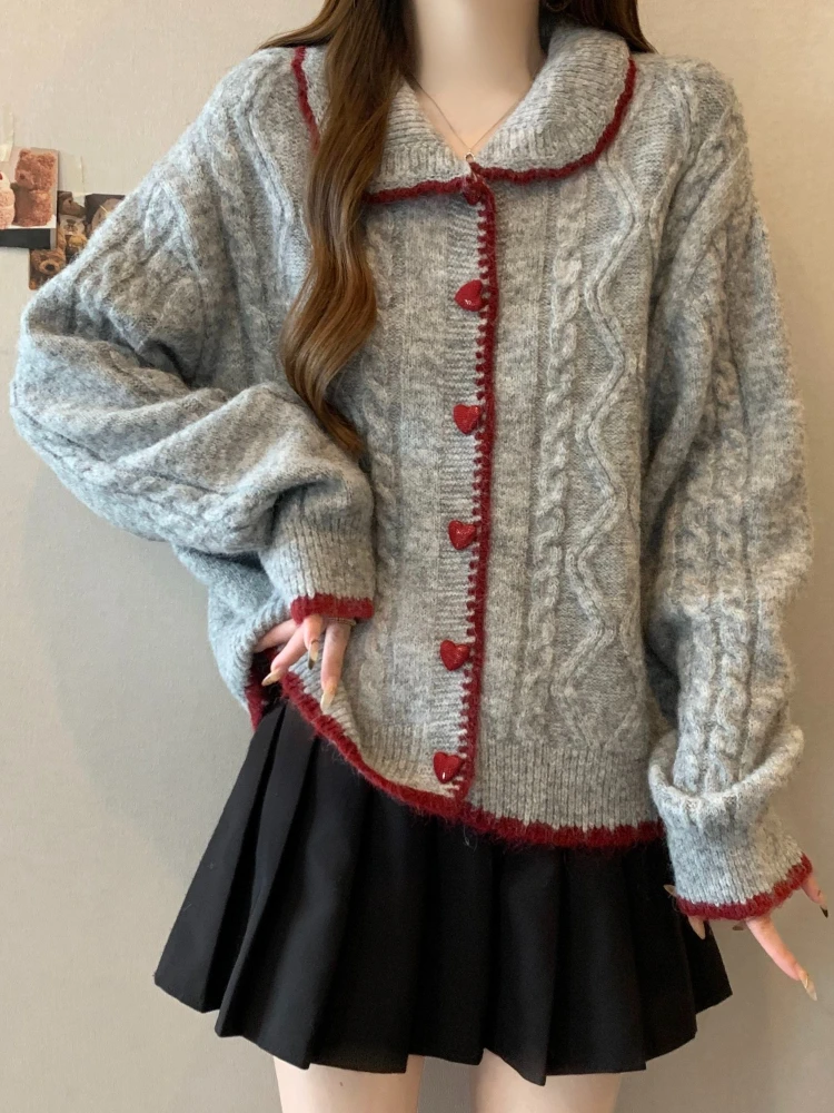 

Women's Outer Wear Lazy Style Doll Collar Twist Cardigan Loose Sweater Tops New Autumn Winter Retro Love Button Knitted Sweater