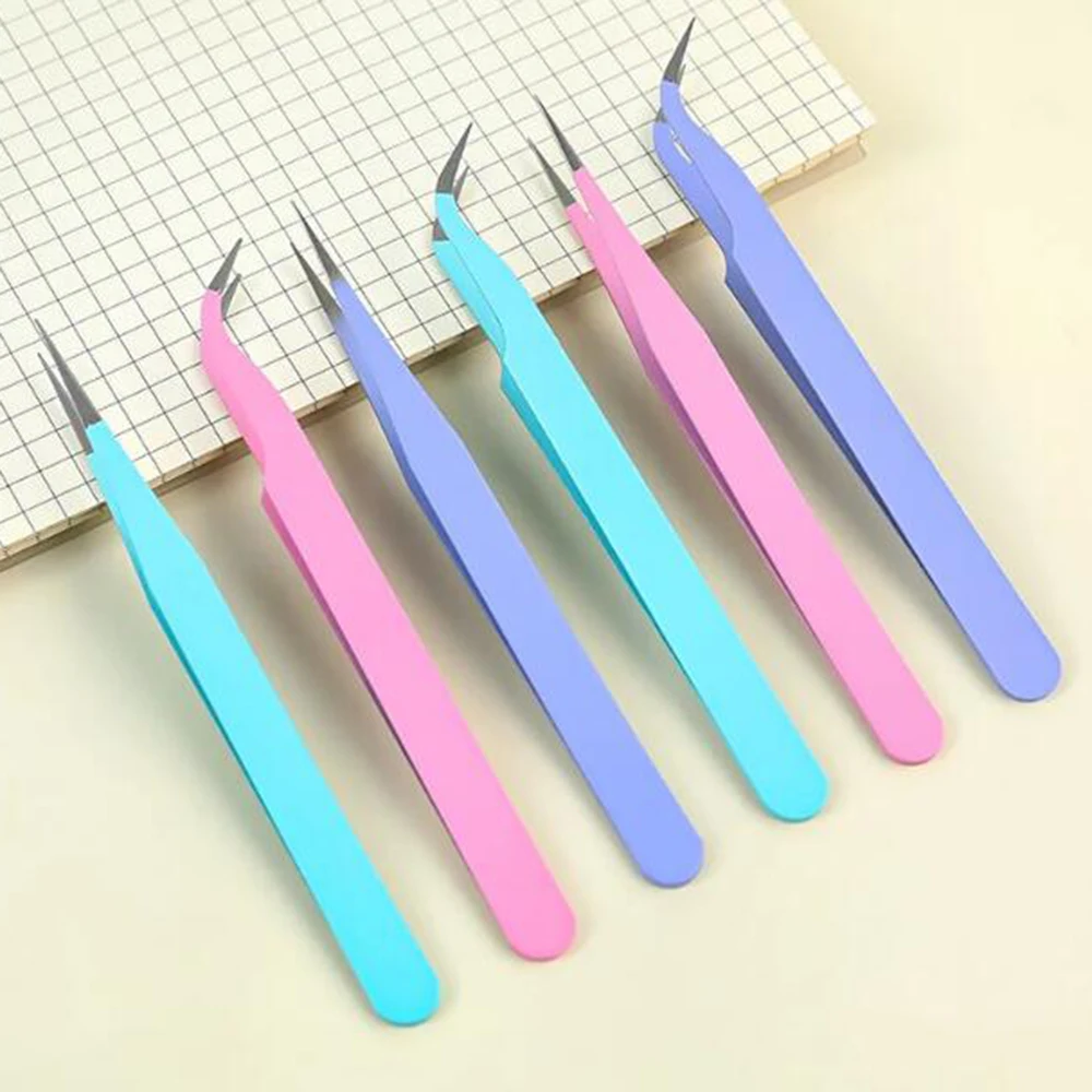 3 sets (Pink+Green+Purple) 3 Color Stainless Steel Straight Curved Tweezers Picking Tool diamond painting Home decoration tools