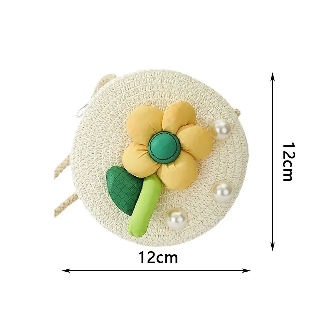 Cute Handmade Kids Straw Bag Woven Round Shoulder Bag Pearl Flower Summer Beach Bag for Children Girls