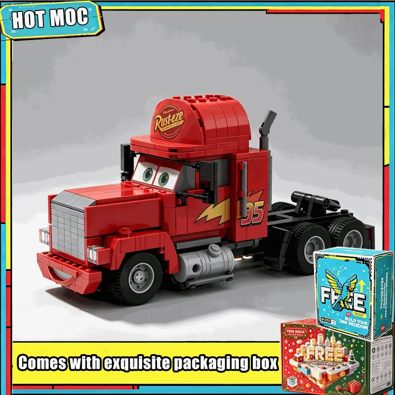 592PCS Red Cartoon Semi Truck Building Blocks Model Custom DIY Assembly Creative Educational Toy Popular Gift Collection Display