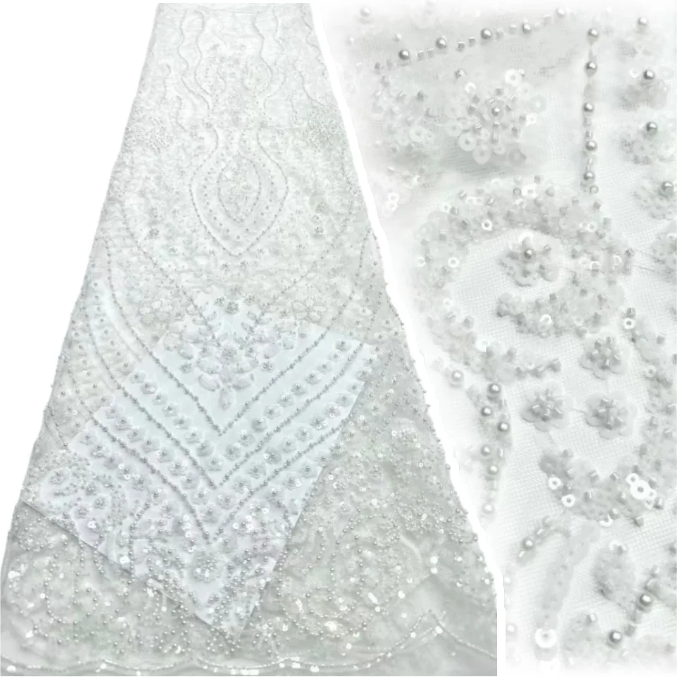 

Французская кружевная ткань высокого качества, африканская бисерная вышивка, нигерийский тюль с блестками, кружево 5 ярдов для шитья вечерних платьев AH1681