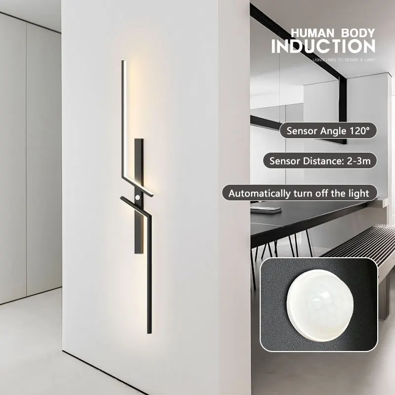 Indoor indução LED parede luzes, quarto, cabeceira, PIR Motion Sensor, parede lâmpadas, Wall Sconce para corredor, corredor, preto, ouro