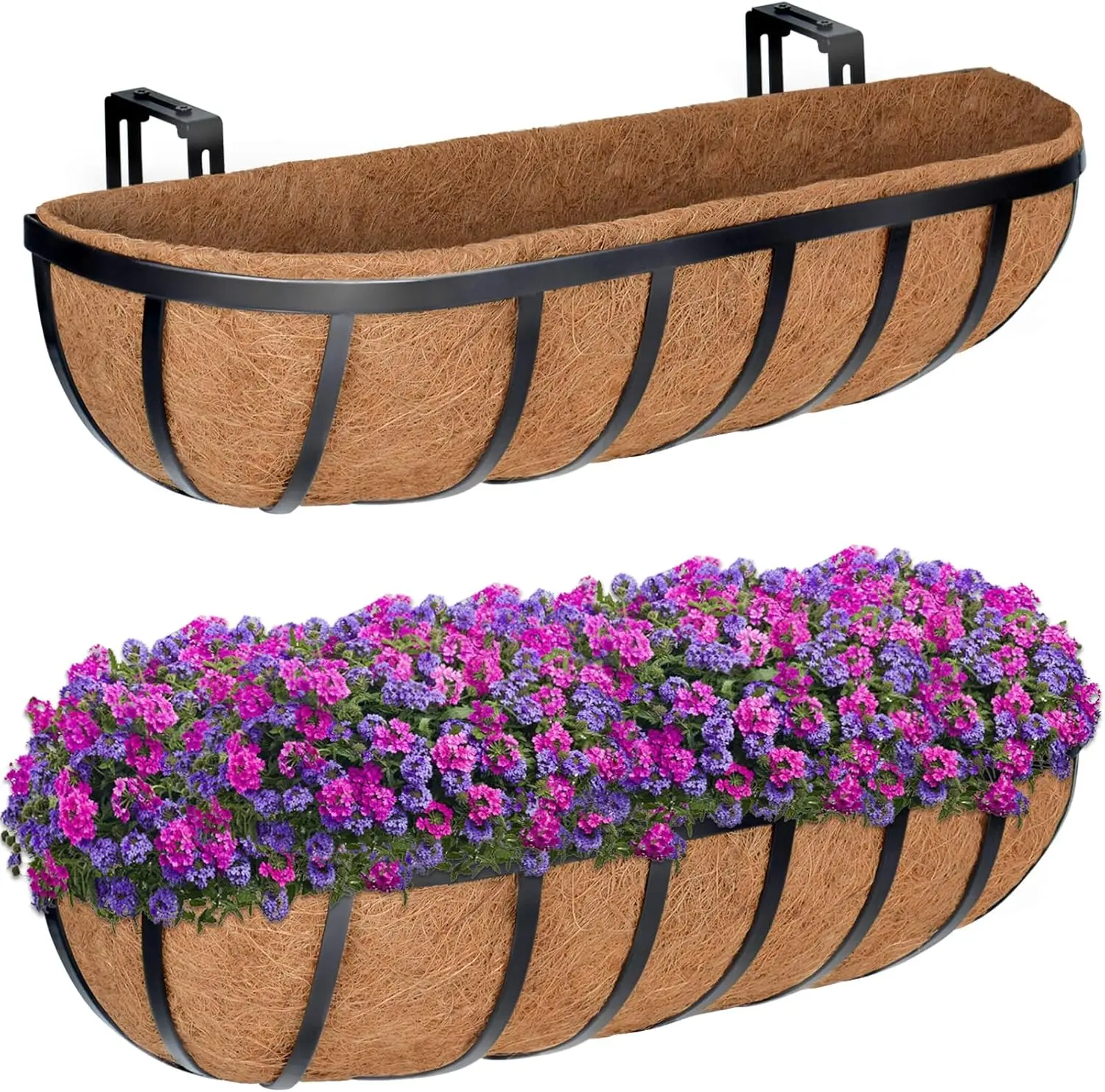 

2-Pack 24" Metal Hanging Window Box Planter with Coco Liner for Outdoor Fence Deck Porch