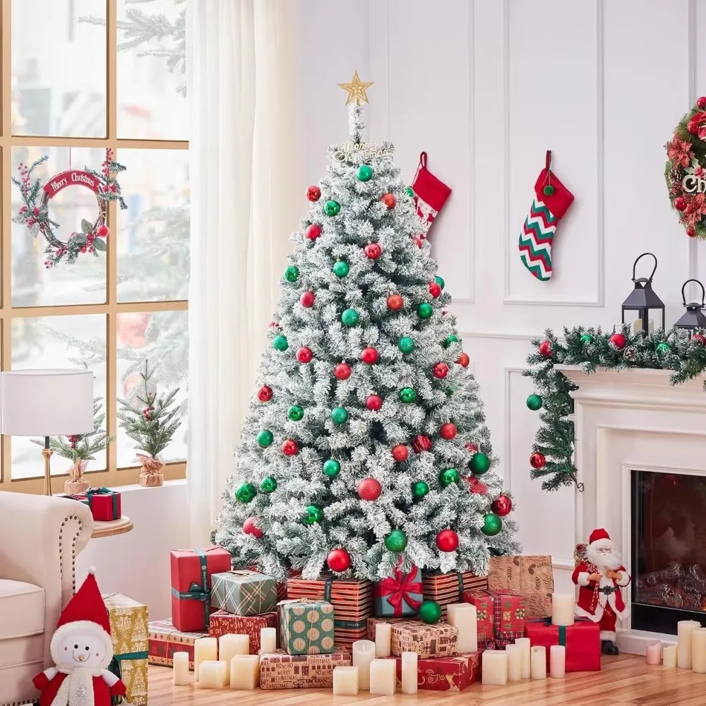 Árbol de Navidad artificial preiluminado de 7,5 pies con luces blancas cálidas incandescentes, árbol de Navidad muy iluminado flocado con nieve con rama de 12884