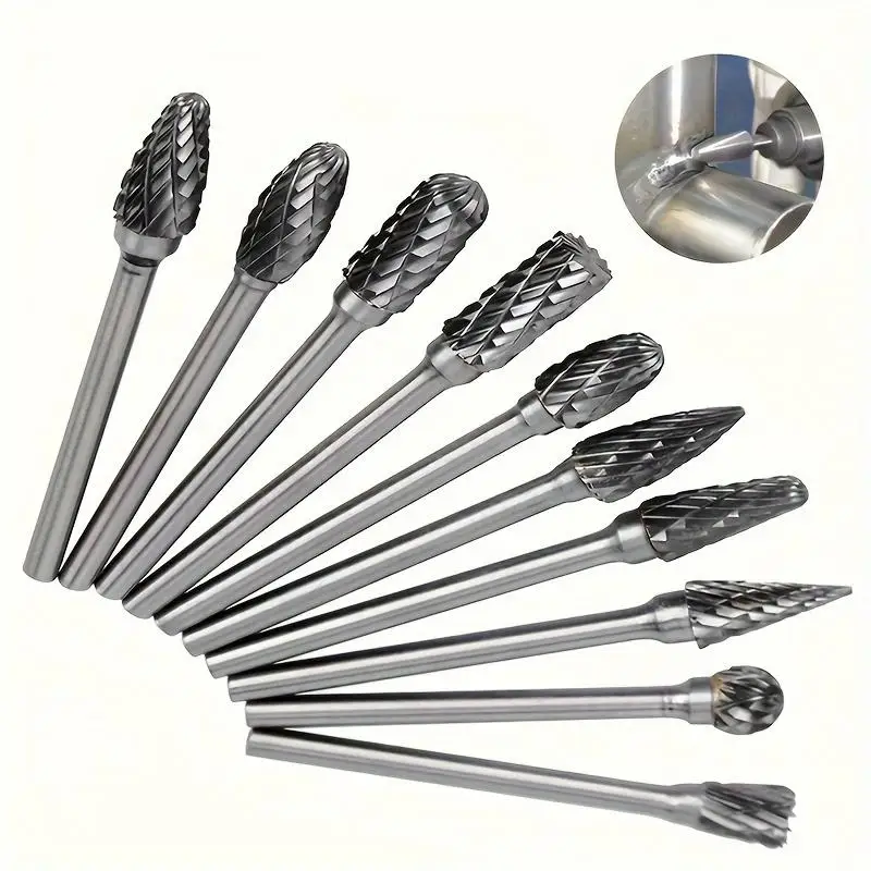 10Pcs/Set Premium Tungsten Carbide Grinding Bit Set Dual Cut for Precision Deburring Polishing Compatible with Rotary Tools