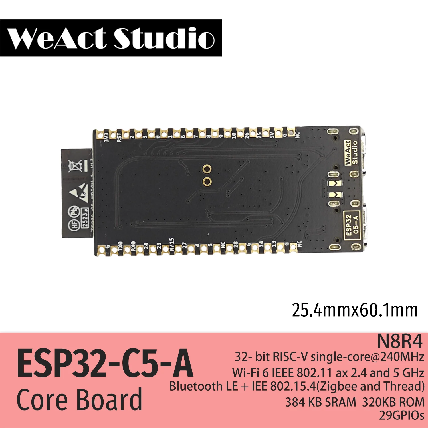 WeAct ESP32-C5-A Development Board Espressif Systems 2.4 & 5 GHz Dual-Band Wi-Fi 6, Chip Revision v1.0 ESP32C5-WROOM1-N8R4