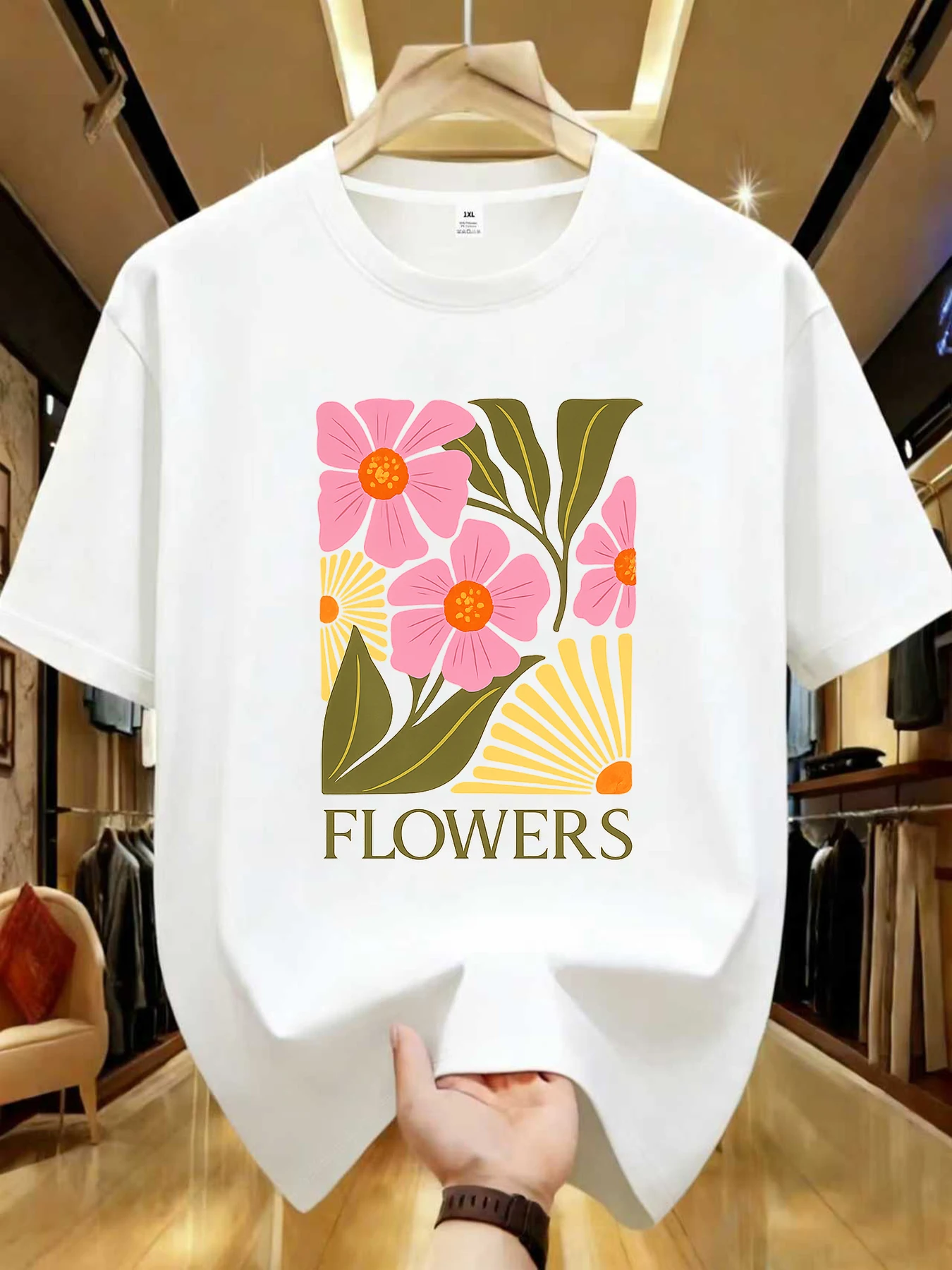 

【WZM1021220】Creative flower print plus size women's round neck summer casual short sleeved street fashion versatile T-shirt