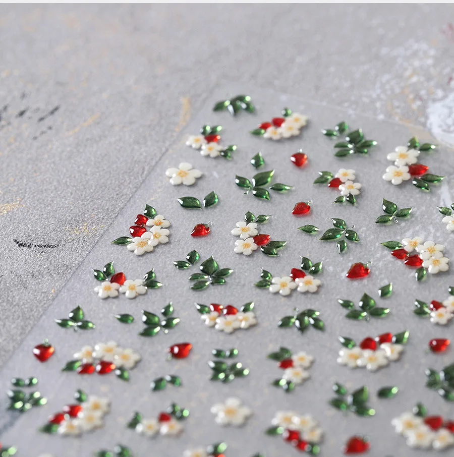 Lovely White Flowers Red Strawberry 3D Jelly Self Adhesive Nail Art Stickers Cute Bunny Fruits Bowknot Manicure Decals Wholesale