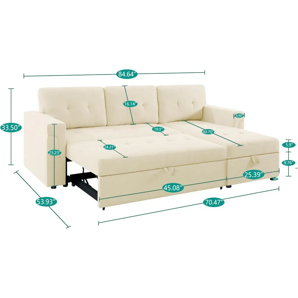 Jenny Sectional Sofa Sleeper with Storage Chaise, Tufted Pull Out Couch with Storage, Sectional Sofa Bed, L-Shaped