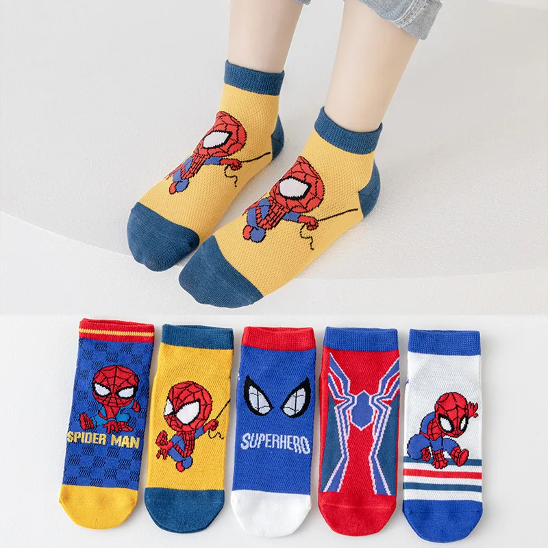 5 Pairs Spiderman Children's Socks Disney Marvel Anime Baby Summer Mesh Section Boat Sock Cartoon kids Boys Short Socks 1-12 Y