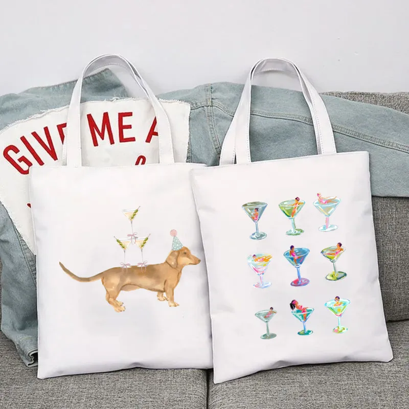 Martini Glass Handbag Reusable Grocery Print Cartoon Dachshund Shopping Bag Canvas Bags Unisex Cotton Shoulder Bag