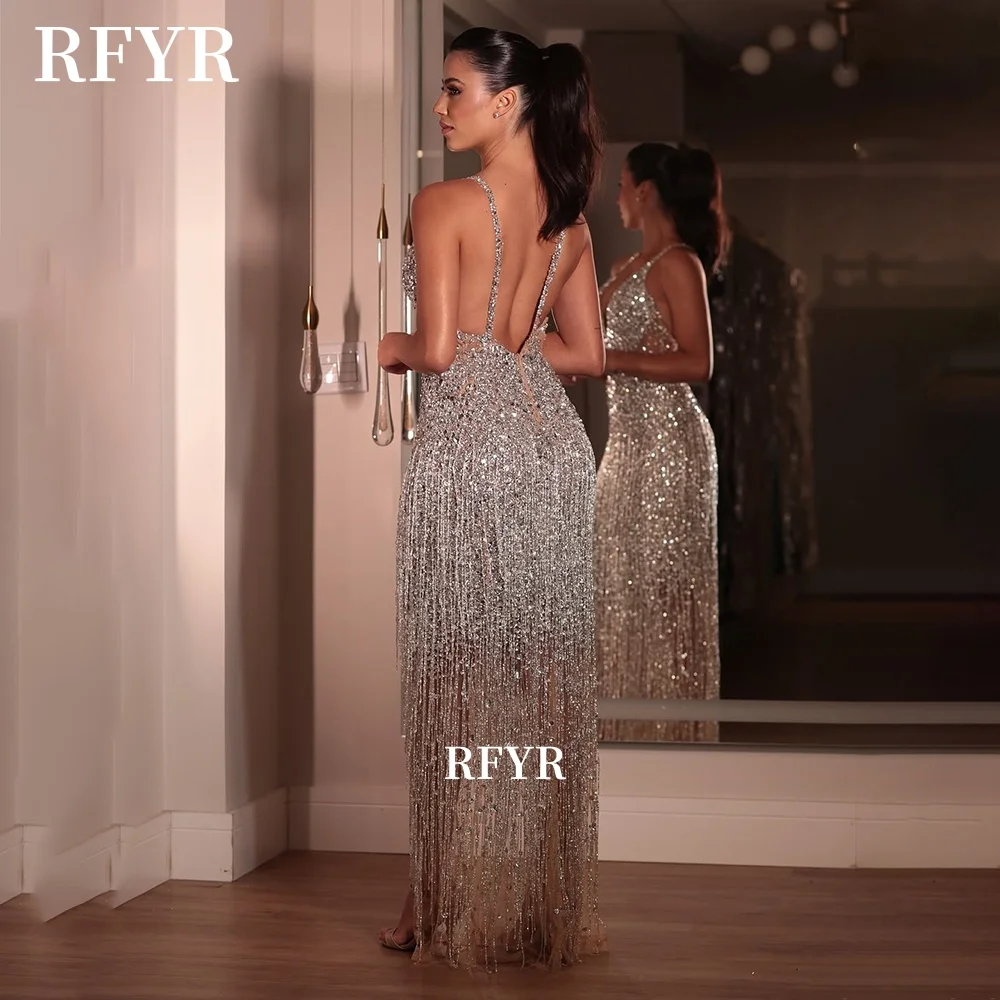 RFYR Sexy Evening Dress with Tassels Luxury Crystal Stoned Prom Dress Backless Party Dress for Arabic Women vestidos Customized