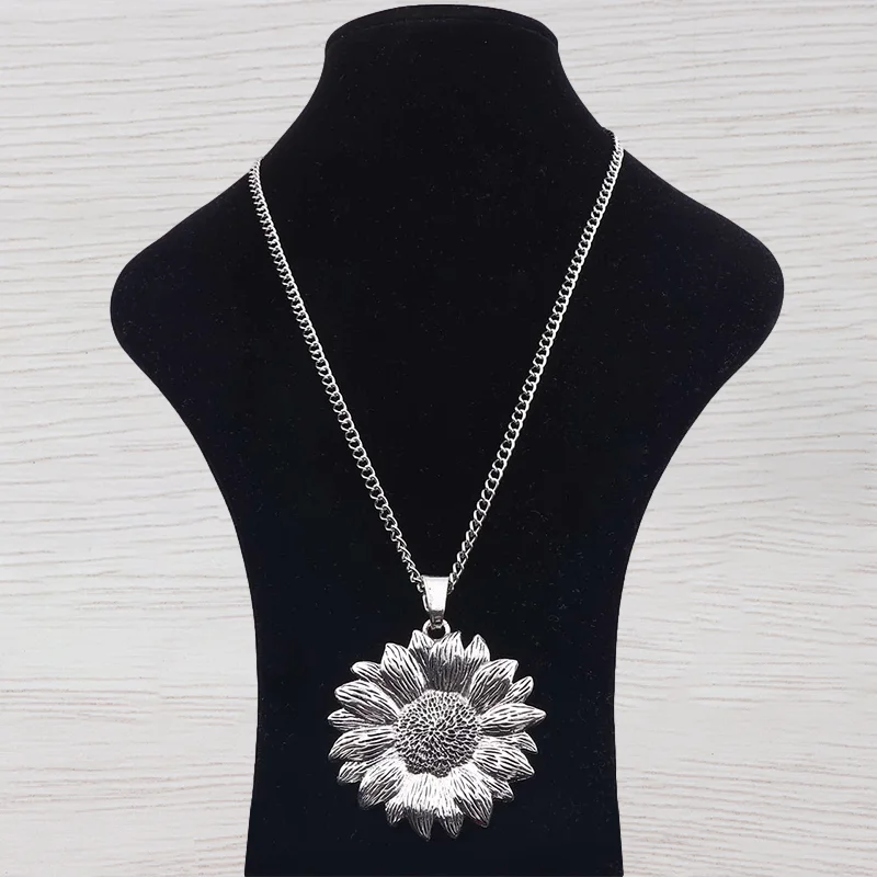 1 x Tibetan Silver Large Sunflower Sun Flower Pendant Necklace Adjustable Length Long Jewelry Choker Link Chain Lagenlook 34