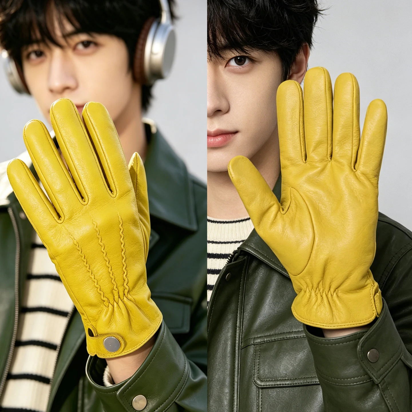 Men's Fleece-Lined Warm Gloves for Cycling and Driving, Warm Driving Gloves with Lychee Pattern Goat Leather