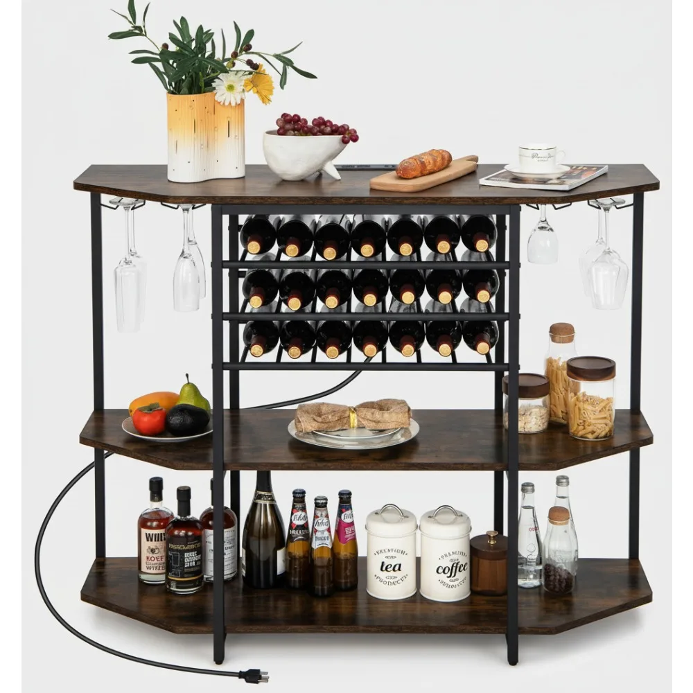 

3-Tier Wine Bar Cabinet with Power Outlets, Glass Holders & Storage for Kitchen, Dining Room & Pub Use