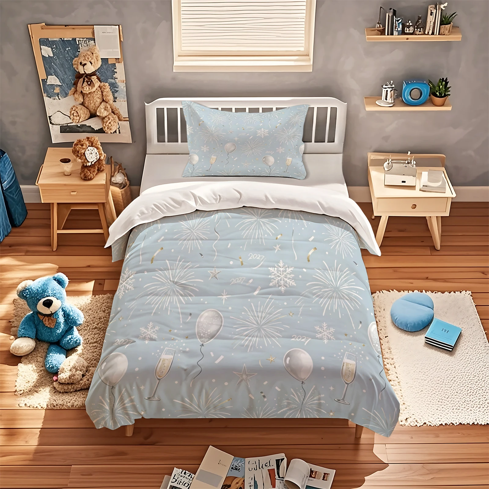 2027 New Year Bedding Set Light Blue Firework Print Duvet Cover Set Snowflake Star Balloon Pattern Microfiber Holiday Bed Linen
