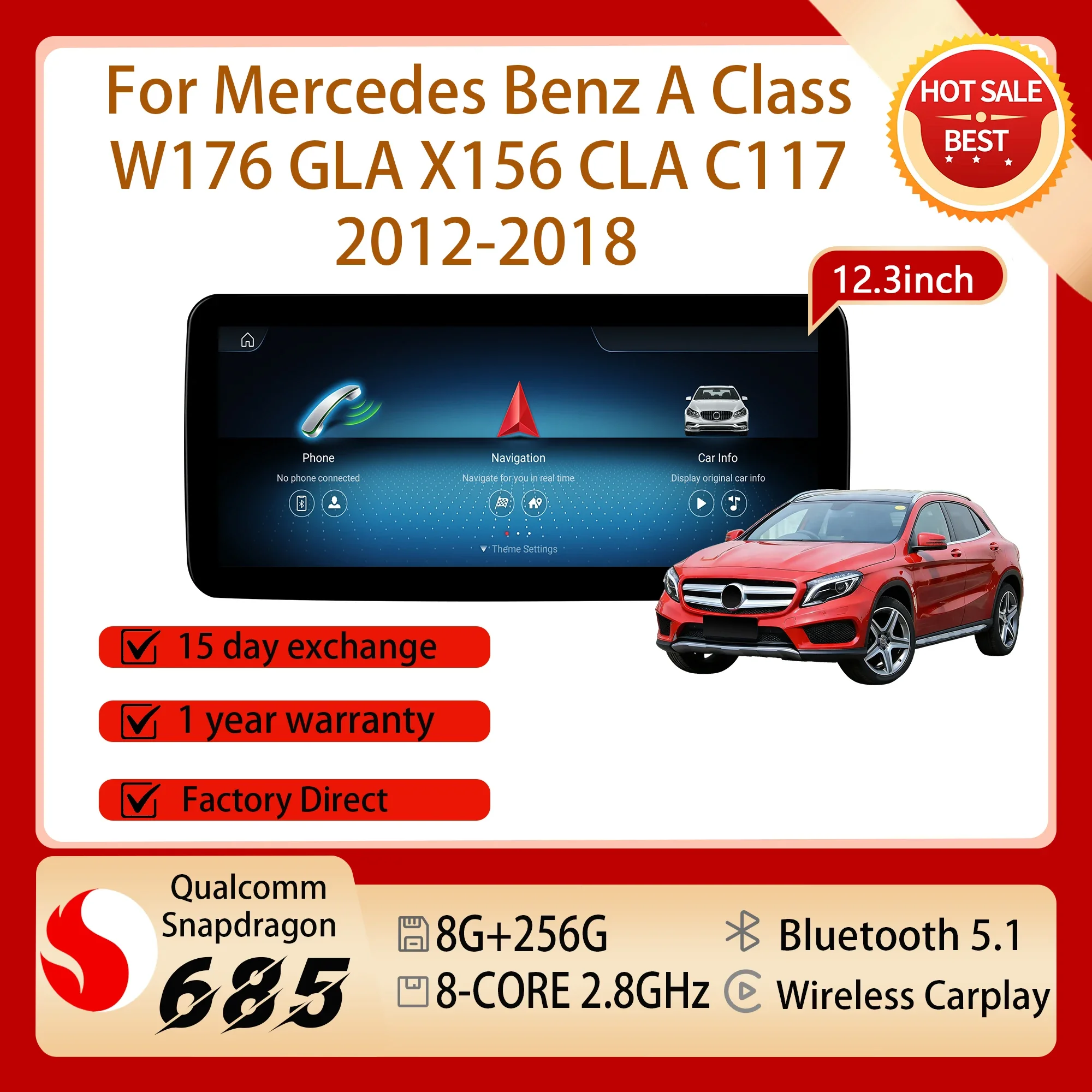 12.3'' Snapdragon 685 Screen For Mercedes Benz A Class W176 GLA X156 CLA C117 2012-2018 Android 14 Car Radio Multimedia Carplay