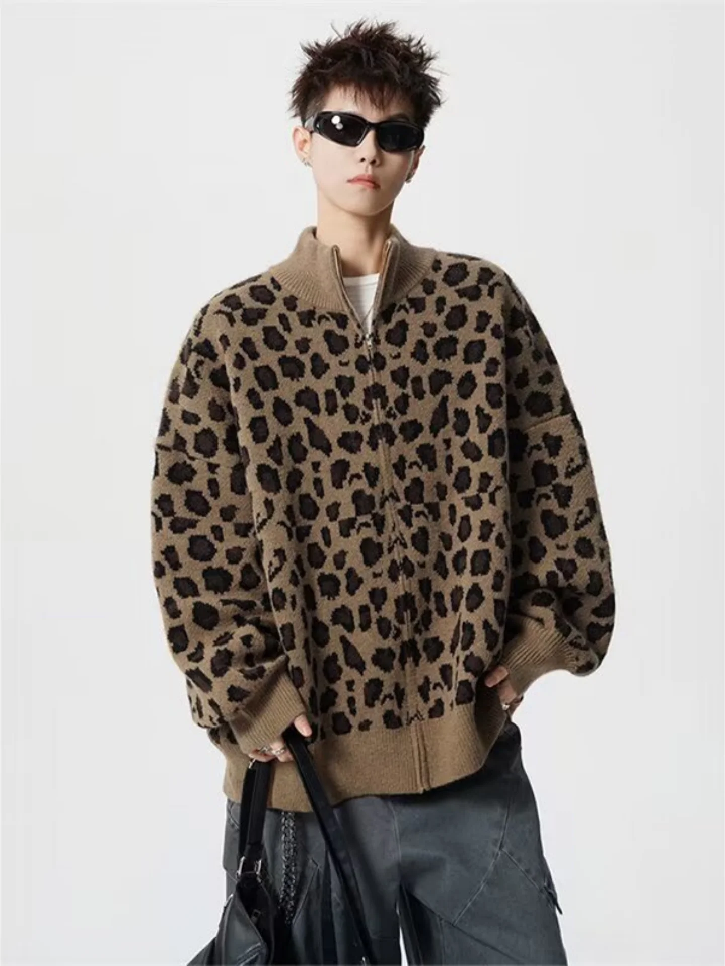 

American Sle Leopard Print Stand Collar Open Cardigan Sweater Men's Casual Brand Autumn Winter Loose Lazy Sle Versatile K...