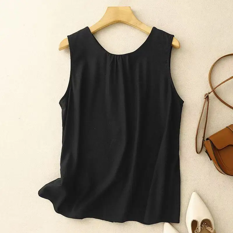 Two Sides Wear Pleated O-neck Button-Up Cotton Linen Tank Top Camisole Vintage Women's Summer Beige Black Sleeveless Shirts Top