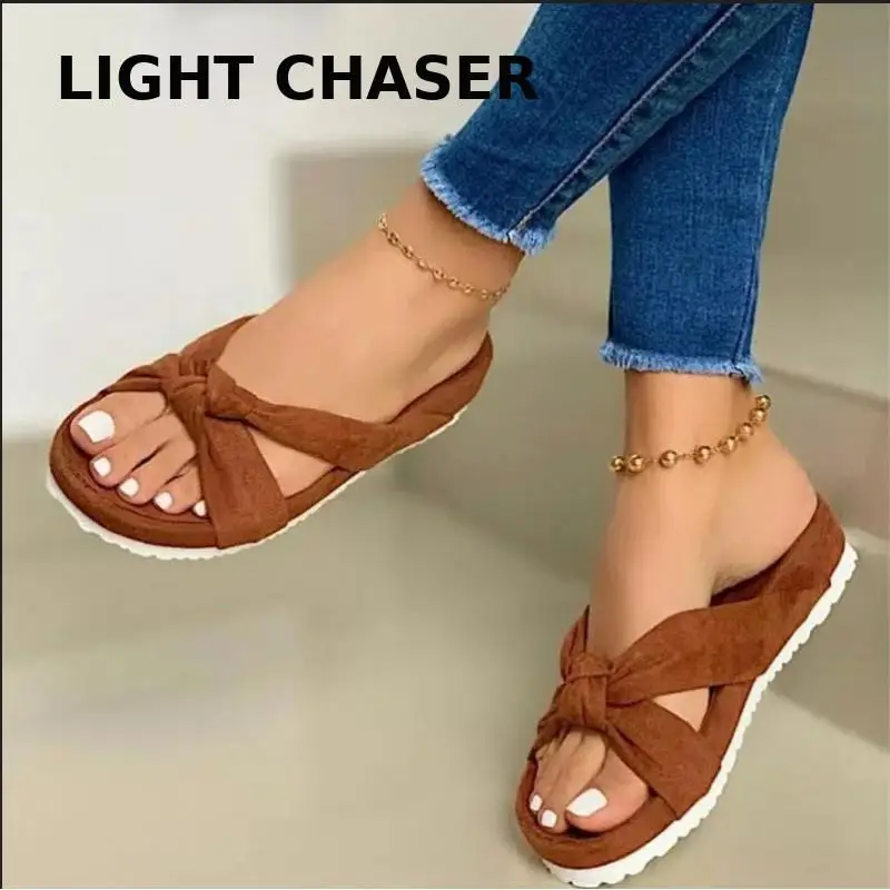 

Summer Round Head Thick Bottom Cross Suede Slippers Women's Foam Bottom Roman Sandals And Slippers Casual Light Beach Shoes 43