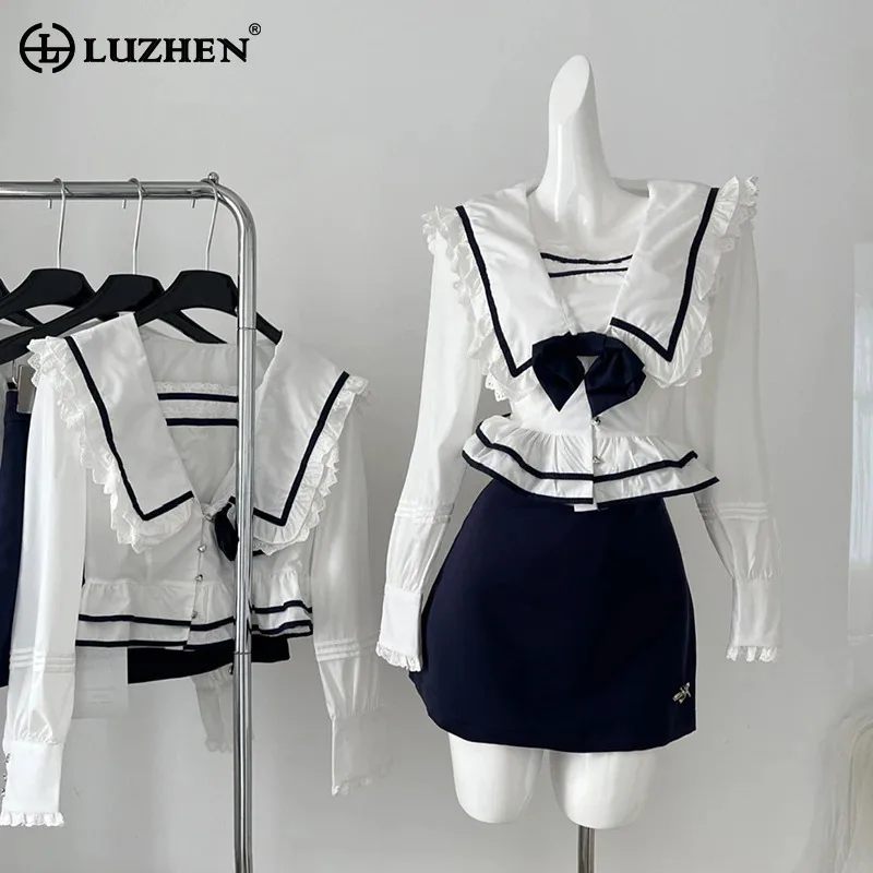 

LUZHEN Luxury Elegant Fashion Big Lapel Lace Splicing Design Shirts Solid Color Short Skirt Women's New Three-piece Sets AA1279