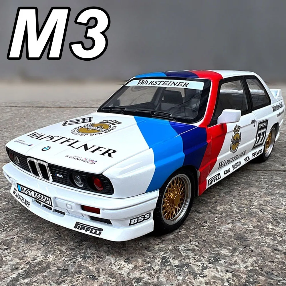 1:24 M3 GTR M4 Alloy Miniature Model Toy Diecast Cars Front Wheel Steering Doors Opened Sound Light Collect Models for Boy Gifts