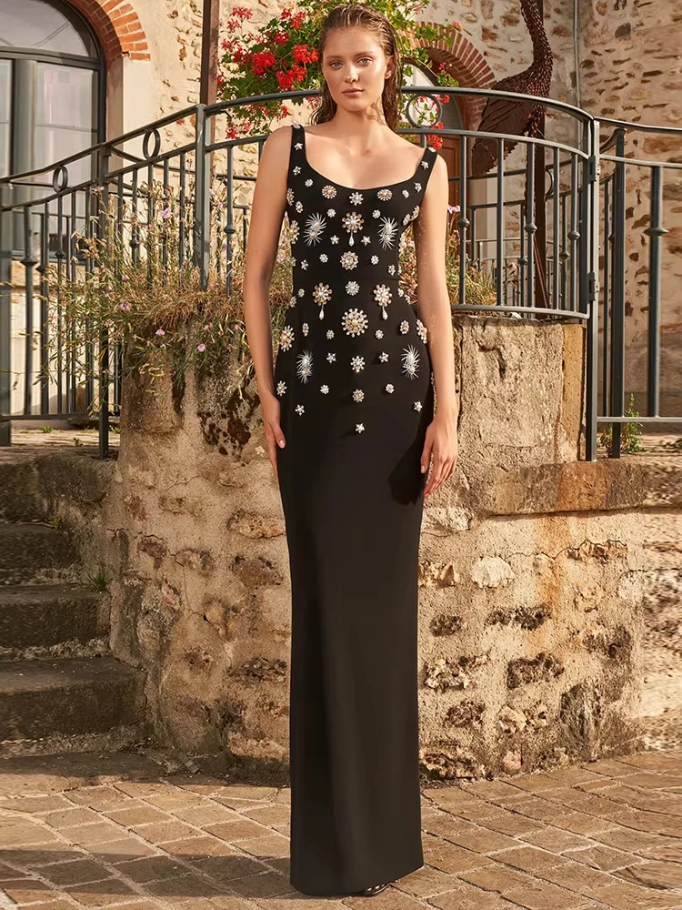 HIGH STREET Newest 2024 Fashion Stylish Designer Women's Rhinestone Diamonds Beaded Elastic Tank Maxi Long Dress