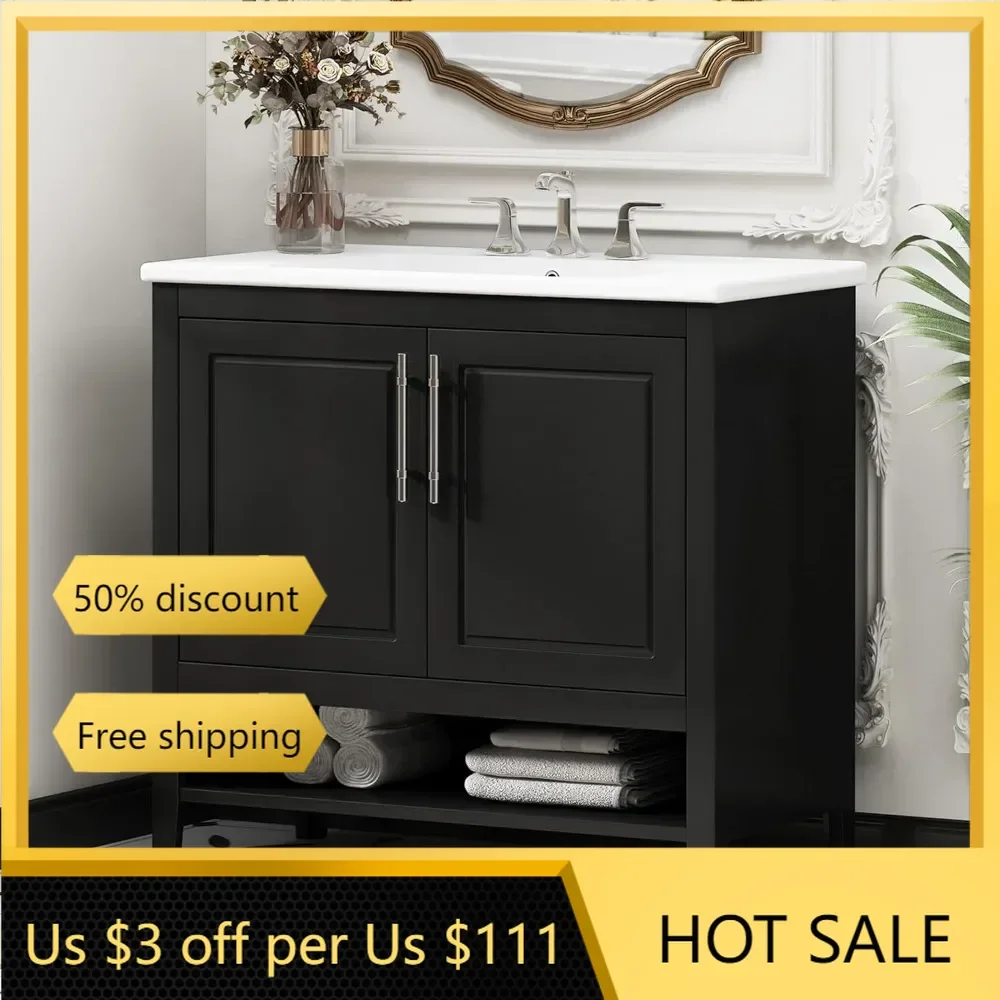 36 Inch Bathroom Vanities with Undermount Ceramic Sink Two Pull in/Out Drawers, Soft Closing Doors, Solid Wood Frame Board,Black