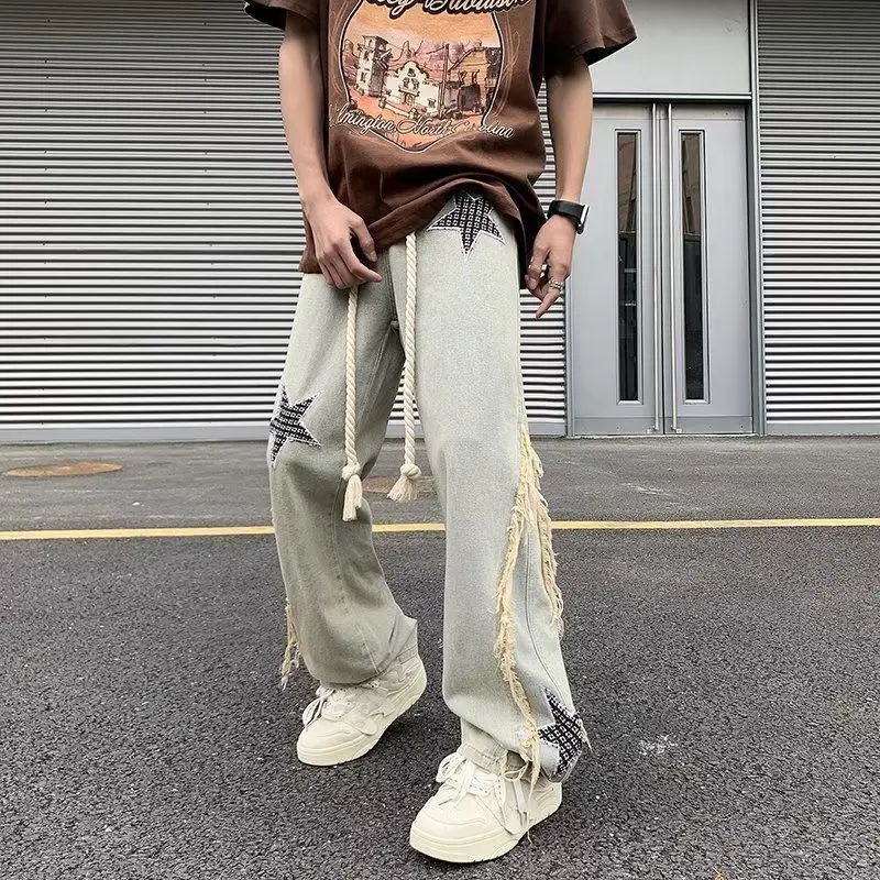 American style embroidered jeans male star print American style retro loose wide leg straight tube mop loose raw edge